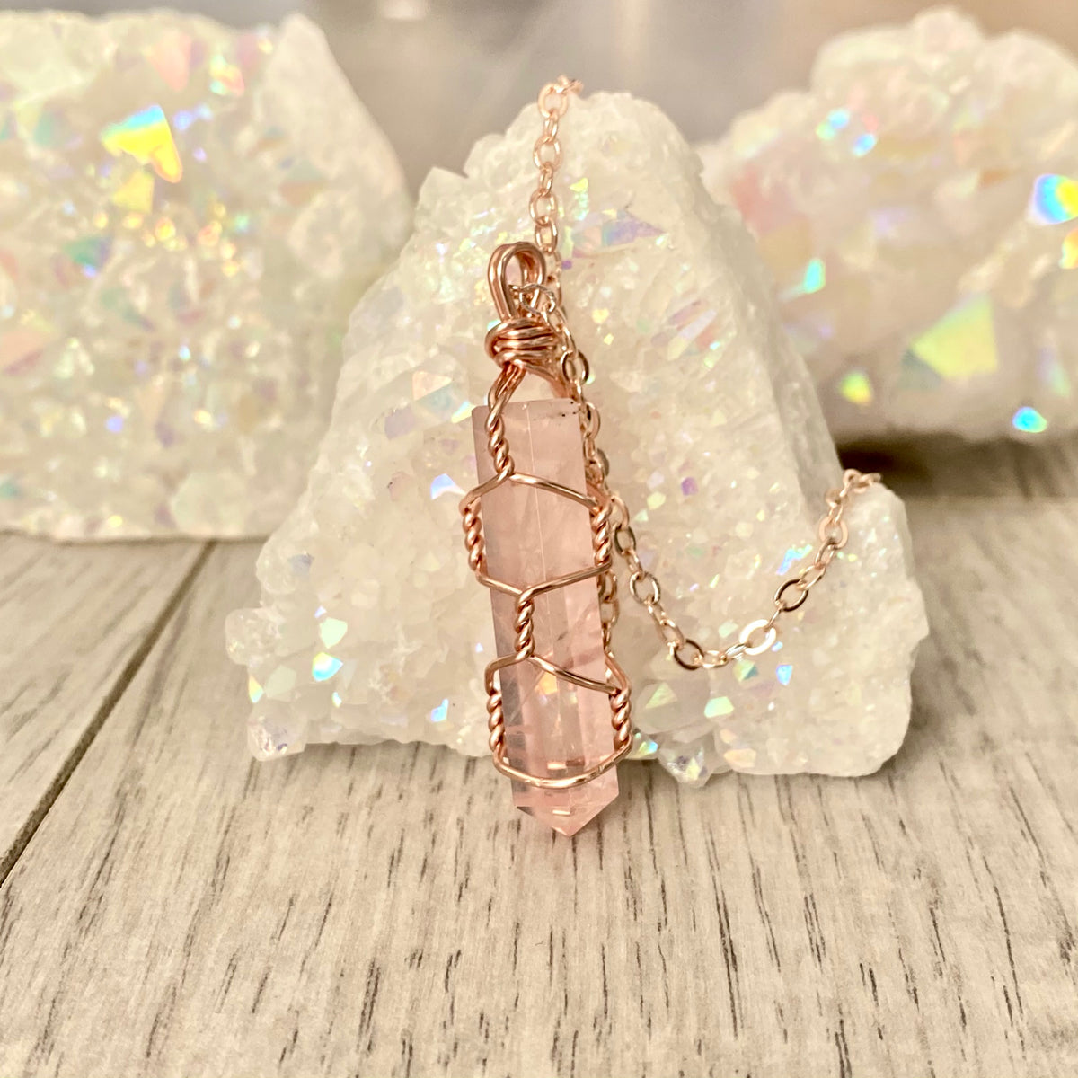 Rose quartz wire wrapped crystal necklace on rose gold chain – Wholehearted Crystal Creations