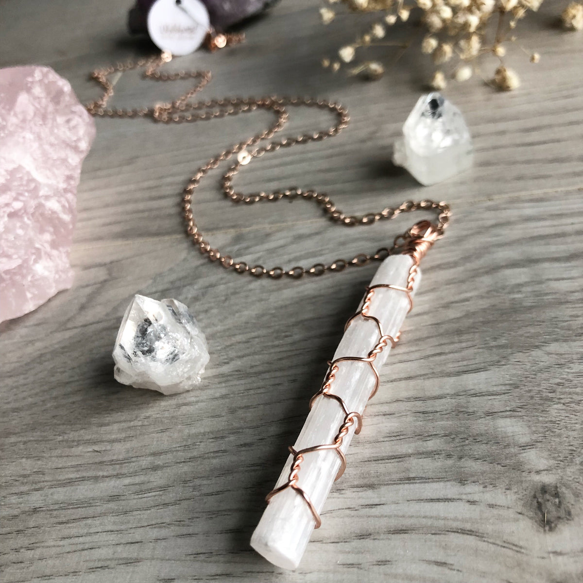 Selenite wire wrapped crystal necklace on rose gold chain – Wholehearted Crystal Creations