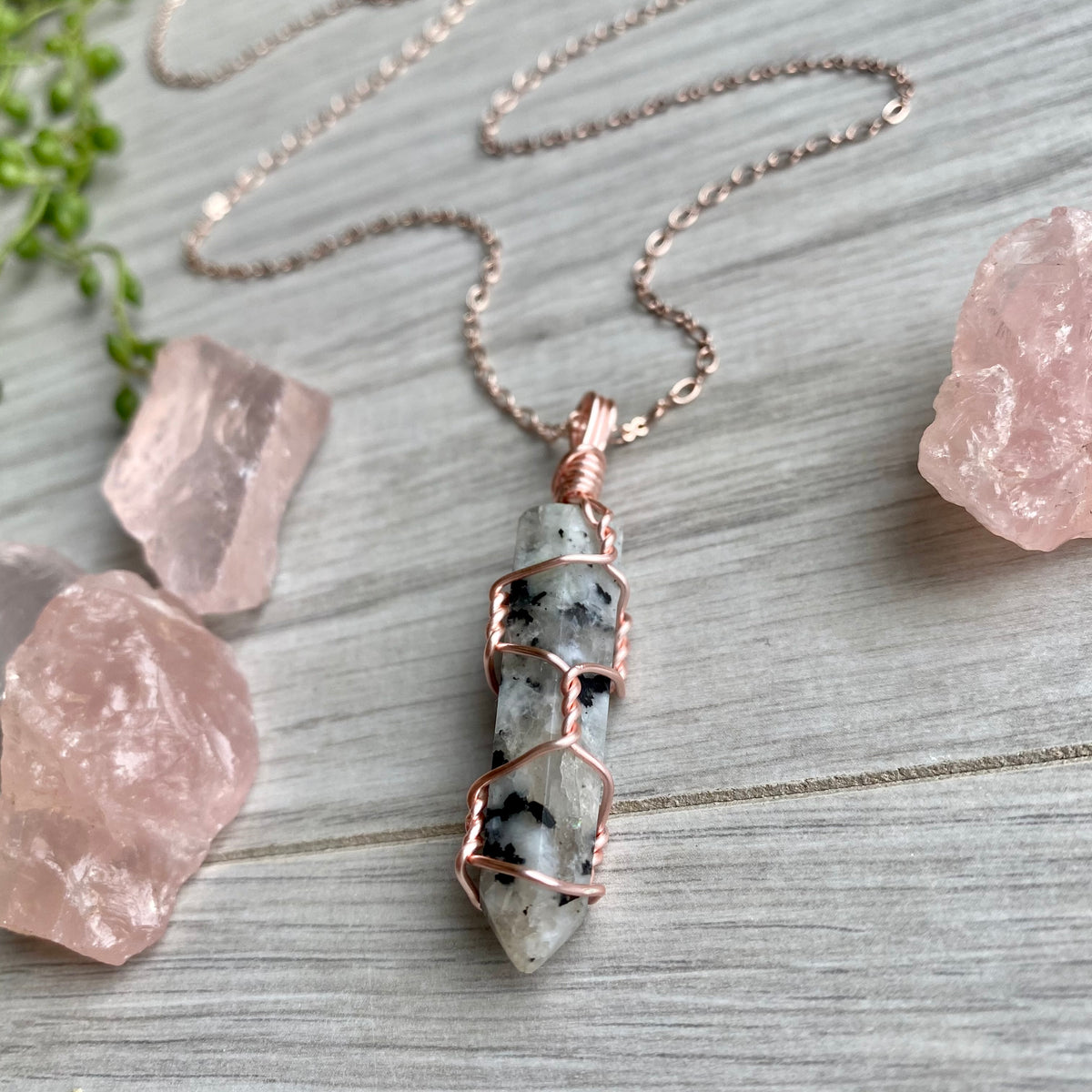 Moonstone wire wrapped crystal necklace on rose gold chain – Wholehearted Crystal Creations