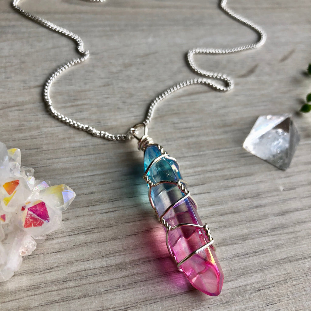 Aura quartz wire wrapped crystal necklace on silver chain – Wholehearted Crystal Creations