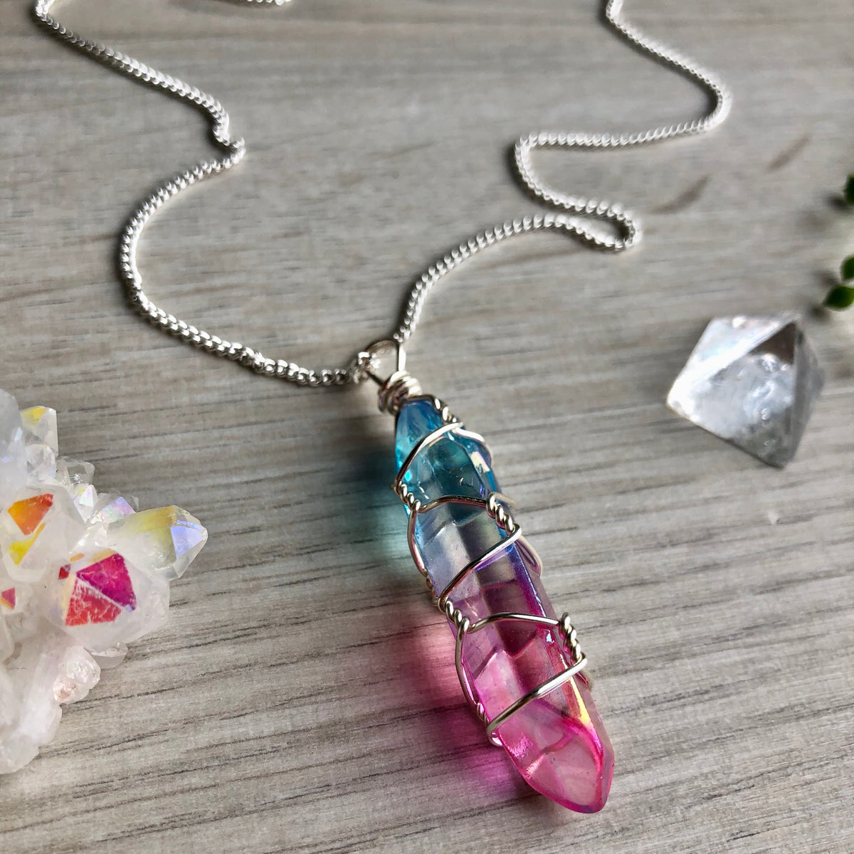 Aura quartz wire wrapped crystal necklace on silver chain – Wholehearted Crystal Creations