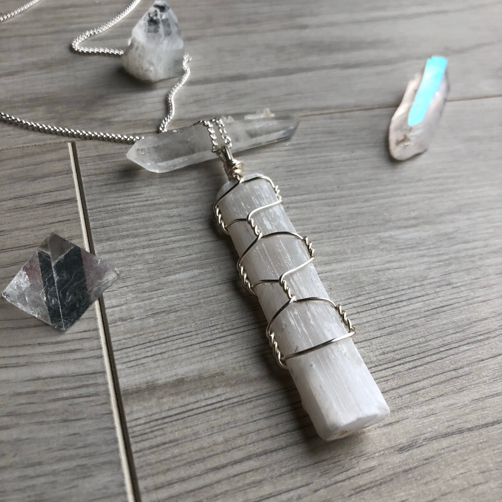 Selenite wire wrapped crystal necklace on silver chain – Wholehearted Crystal Creations
