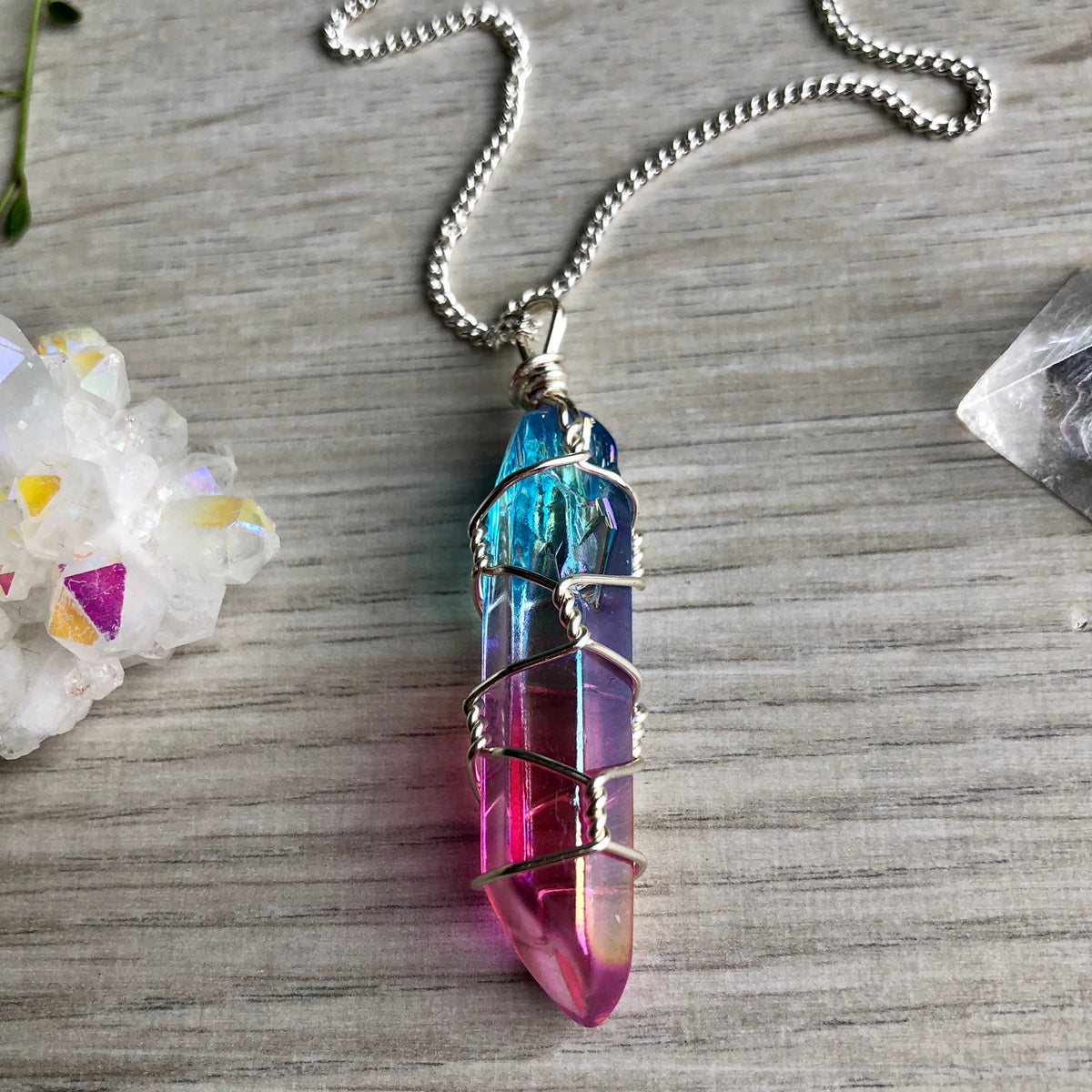 Aura quartz wire wrapped crystal necklace on silver chain – Wholehearted Crystal Creations