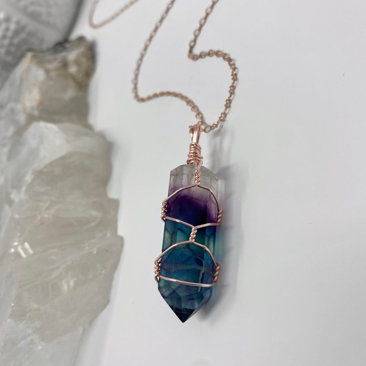 Rainbow fluorite wire wrapped crystal necklace on rose gold chain – Wholehearted Crystal Creations