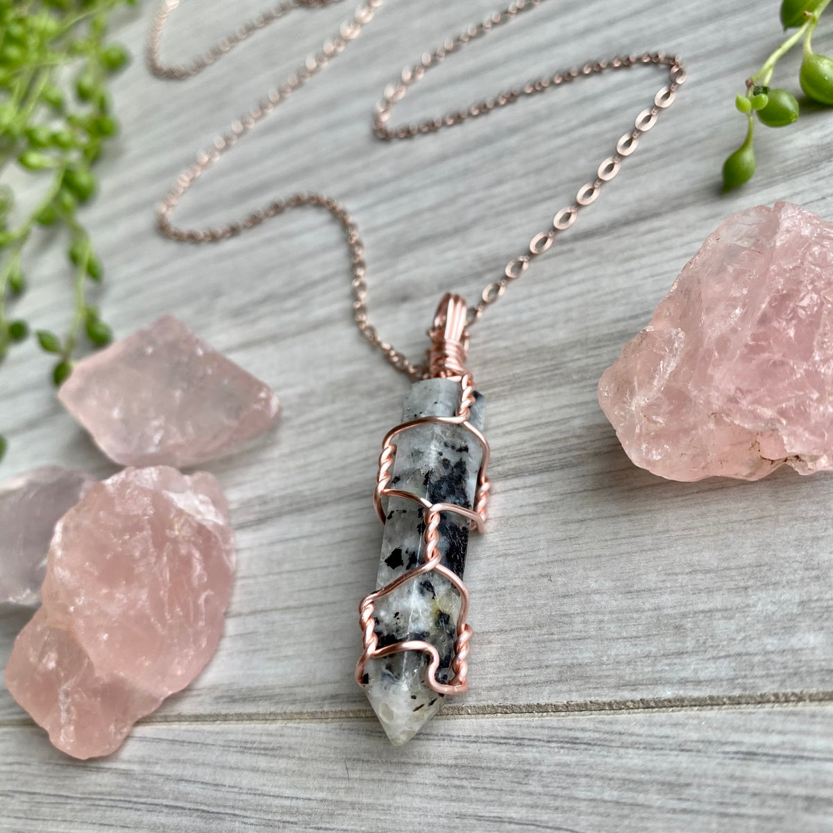 Moonstone wire wrapped crystal necklace on rose gold chain – Wholehearted Crystal Creations