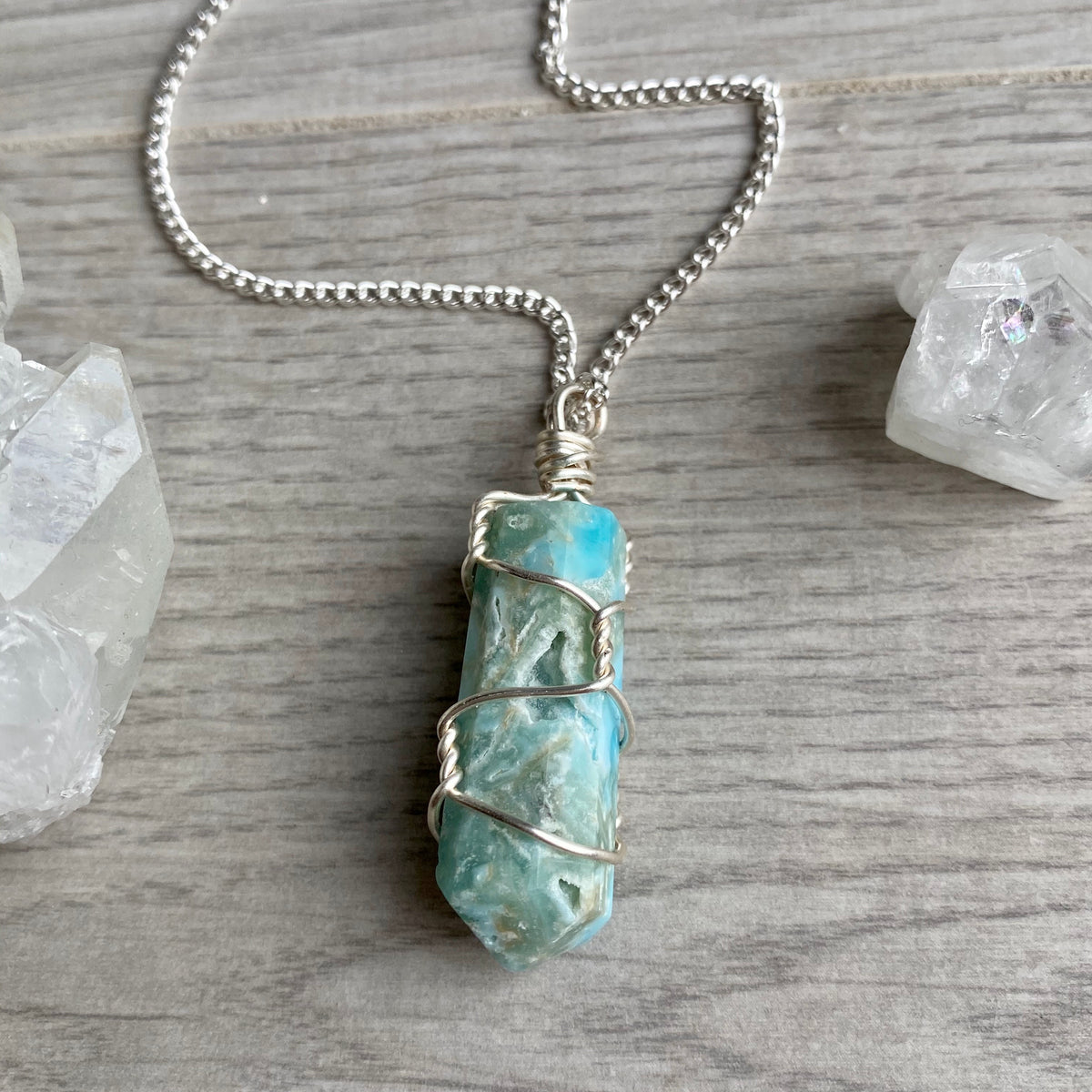 Blue aragonite (calcite) wire wrapped crystal necklace on silver chain – Wholehearted Crystal Creations