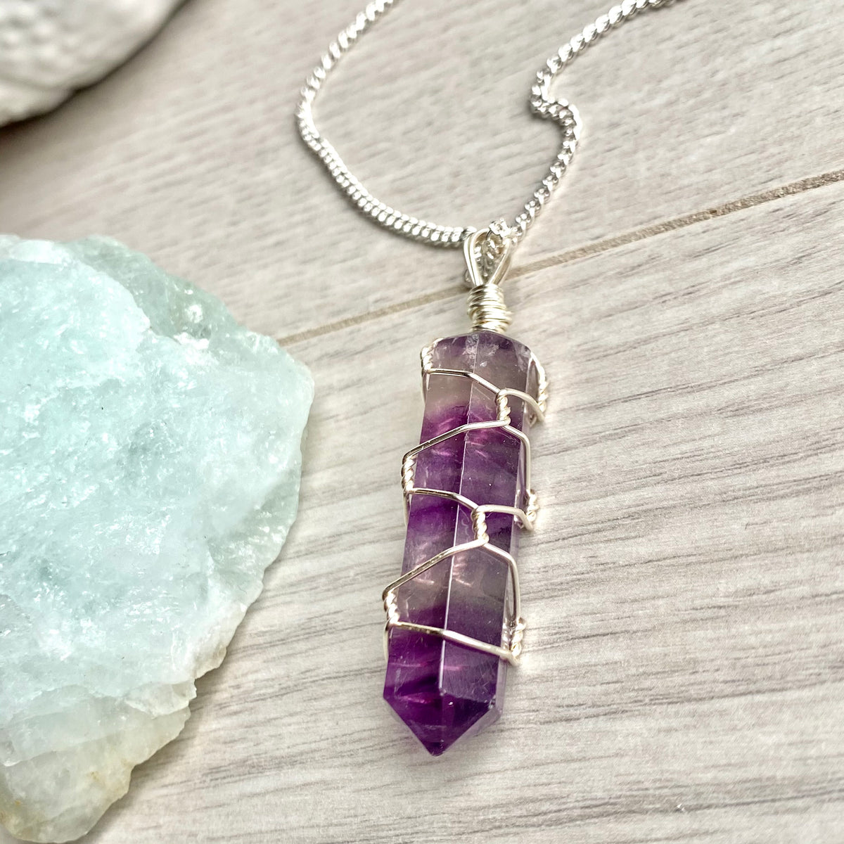 Fluorite wire wrapped crystal necklace on silver chain – Wholehearted Crystal Creations