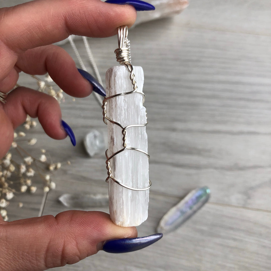 Selenite wire wrapped crystal necklace on silver chain – Wholehearted Crystal Creations