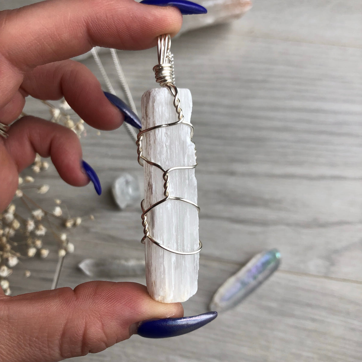 Selenite wire wrapped crystal necklace on silver chain – Wholehearted Crystal Creations