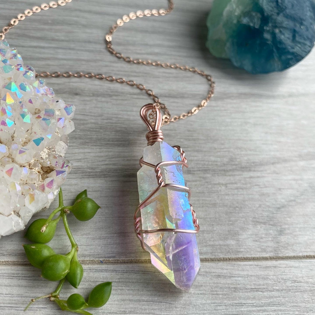 Angel aura quartz wire wrapped crystal necklace on rose gold chain – Wholehearted Crystal Creations