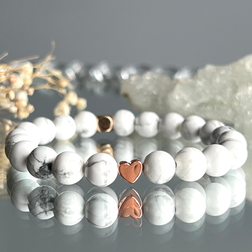 Howlite with Heart Shaped Rose Gold Hematite Spacer Stretch Bracelet
