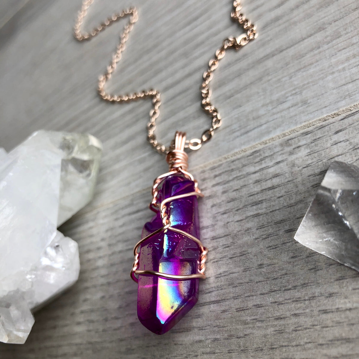Purple (grape) aura quartz wire wrapped crystal necklace on rose gold chain – Wholehearted Crystal Creations