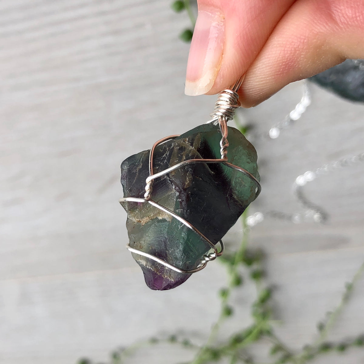 Rainbow fluorite (raw) wire wrapped crystal necklace on silver chain – Wholehearted Crystal Creations