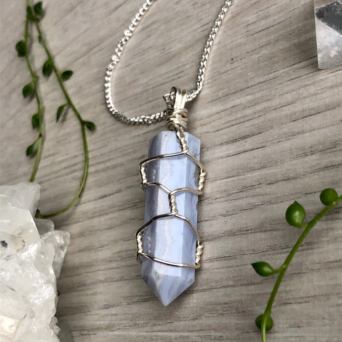 Blue Lace Agate wire wrapped crystal necklace