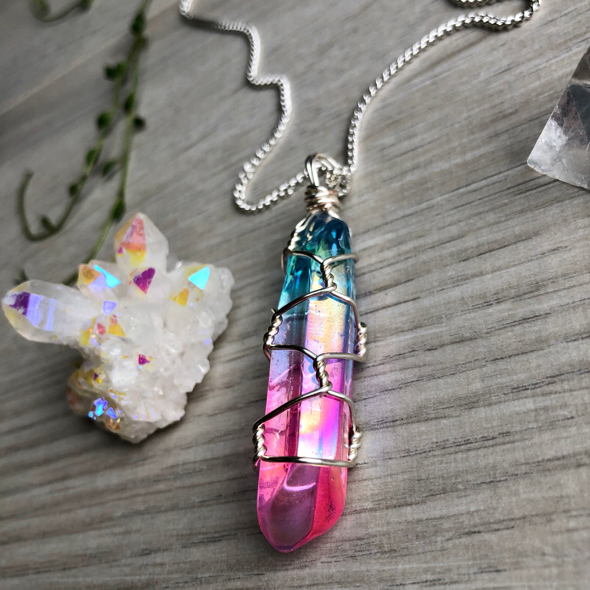 Aura quartz wire wrapped crystal necklace on silver chain – Wholehearted Crystal Creations