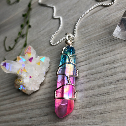 Aura quartz wire wrapped crystal necklace on silver chain – Wholehearted Crystal Creations