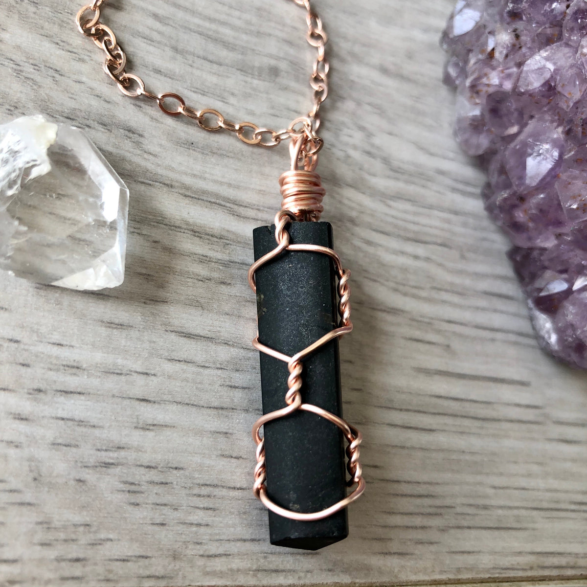 Black tourmaline wire wrapped crystal necklace on rose gold chain – Wholehearted Crystal Creations