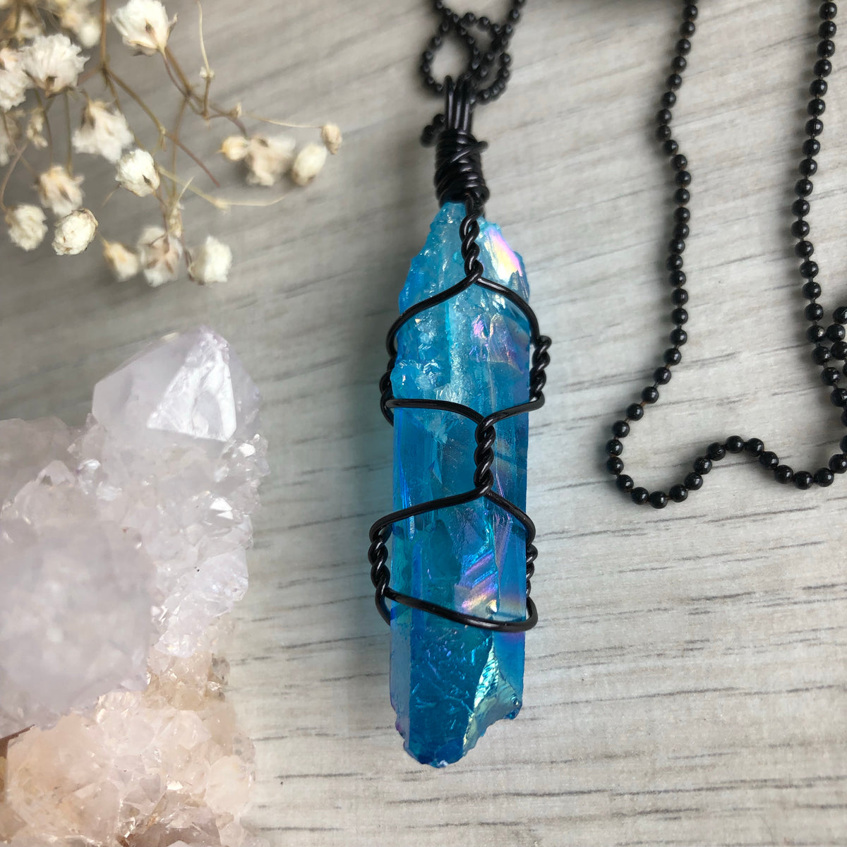 Aqua Aura Quartz on Black Ball Chain – Wholehearted Crystal Creations