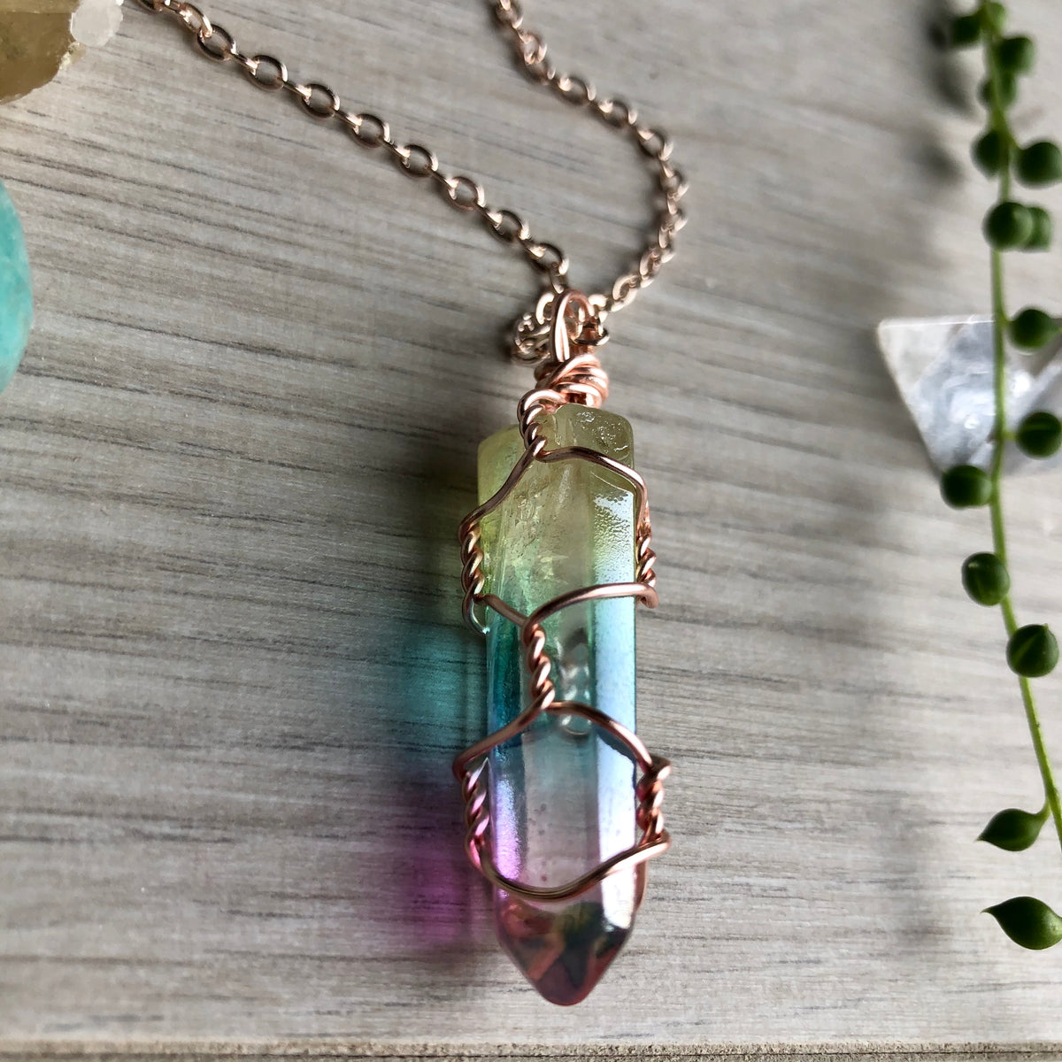 Rainbow aura quartz wire wrapped crystal necklace on rose gold chain – Wholehearted Crystal Creations