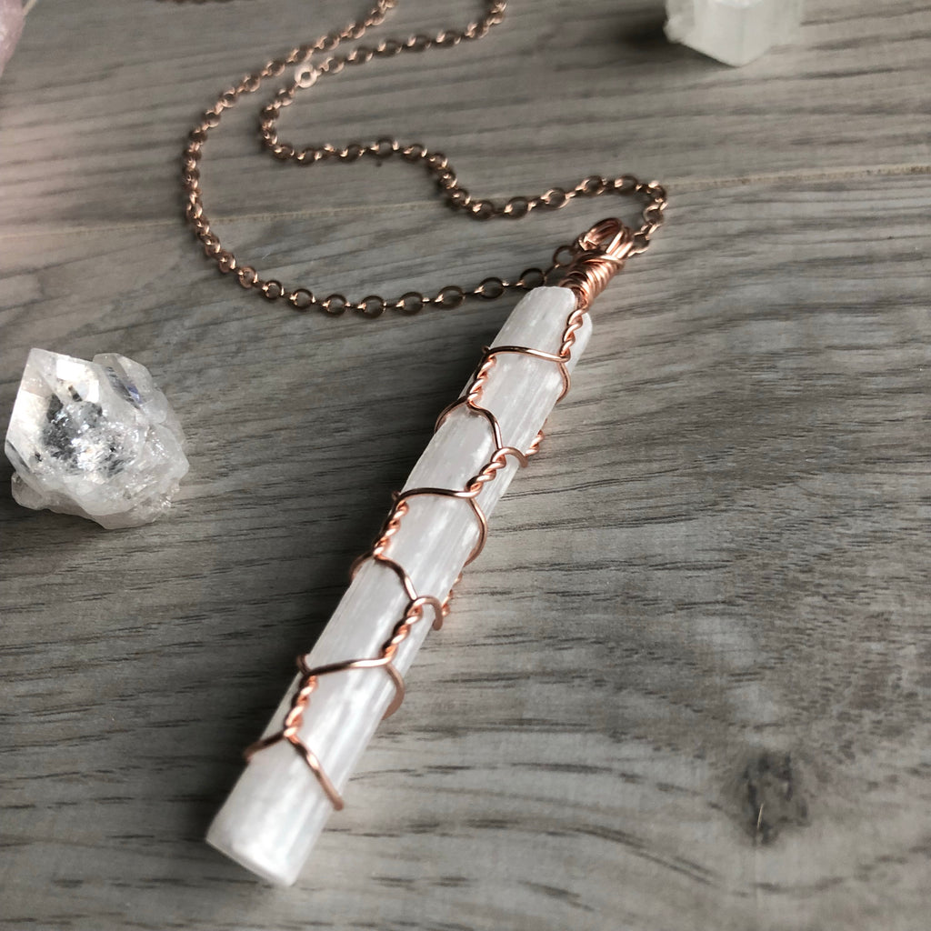 Selenite wire wrapped crystal necklace on rose gold chain – Wholehearted Crystal Creations