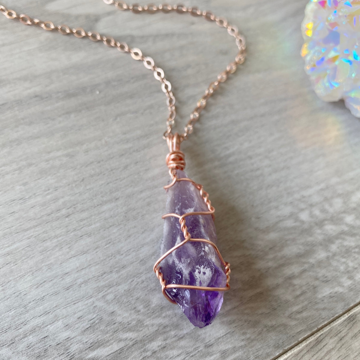 Amethyst (raw) wire wrapped crystal necklace on rose gold chain – Wholehearted Crystal Creations