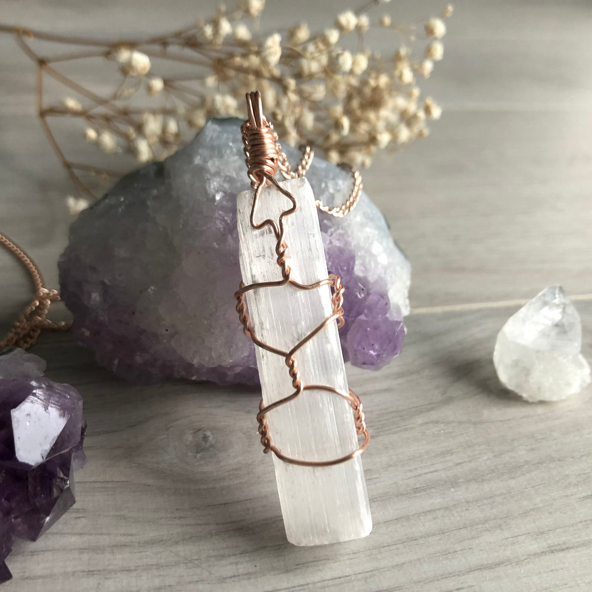Selenite wire wrapped crystal necklace on rose gold chain – Wholehearted Crystal Creations