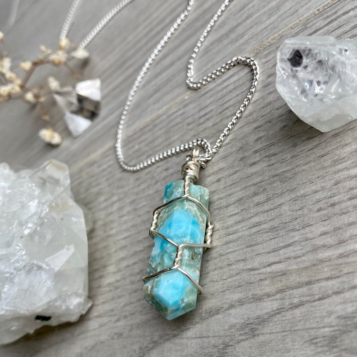 Blue aragonite (calcite) wire wrapped crystal necklace on silver chain – Wholehearted Crystal Creations