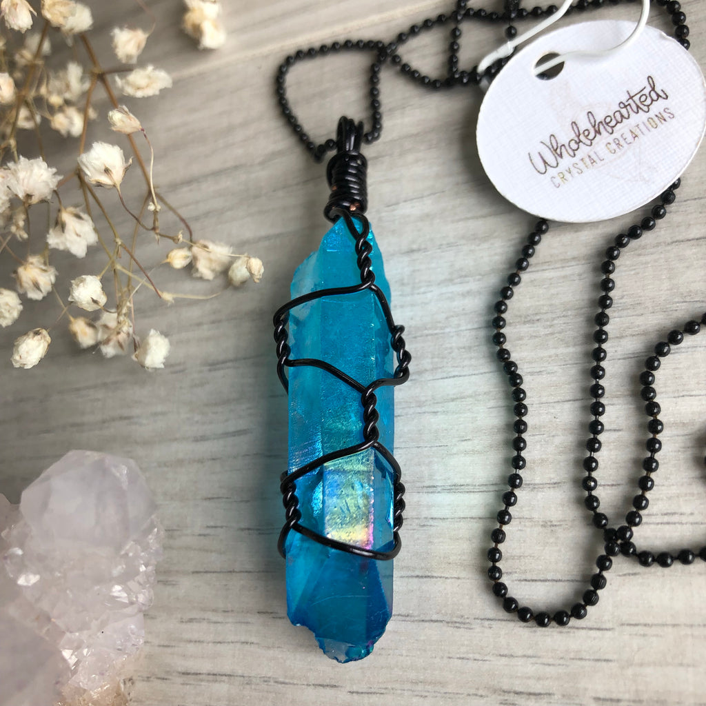 Aqua Aura Quartz on Black Ball Chain – Wholehearted Crystal Creations