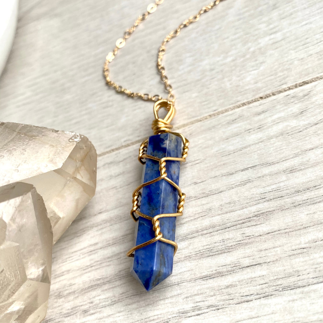 Sodalite wire wrapped crystal necklace