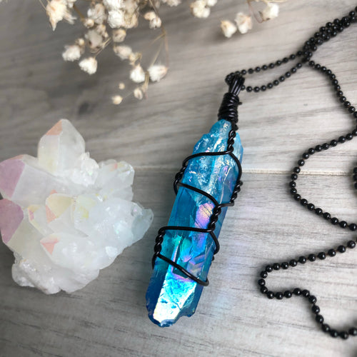 Aqua Aura Quartz on Black Ball Chain – Wholehearted Crystal Creations