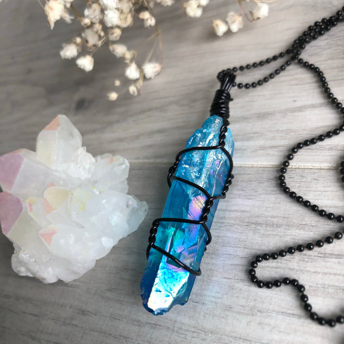 Aqua aura quartz on black ball chain