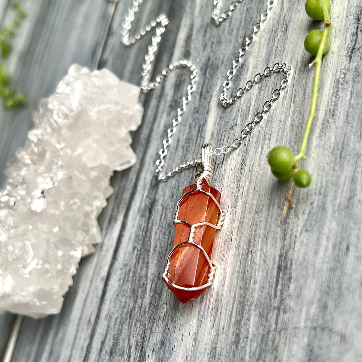 Carnelian wire wrapped crystal necklace on silver chain – Wholehearted Crystal Creations