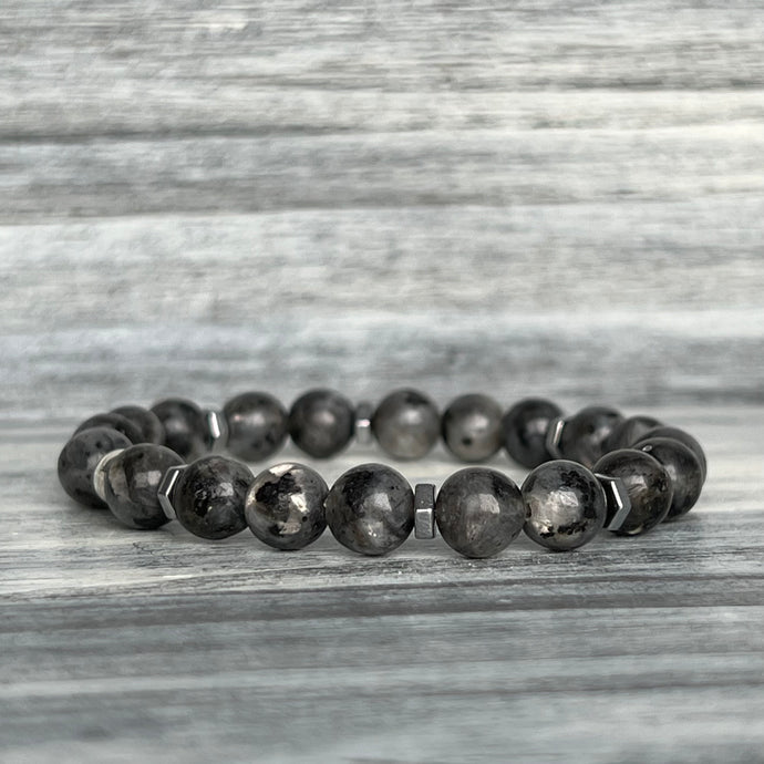 Larvikite (Black Labradorite) with Hematite Spacers Stretch Bracelet