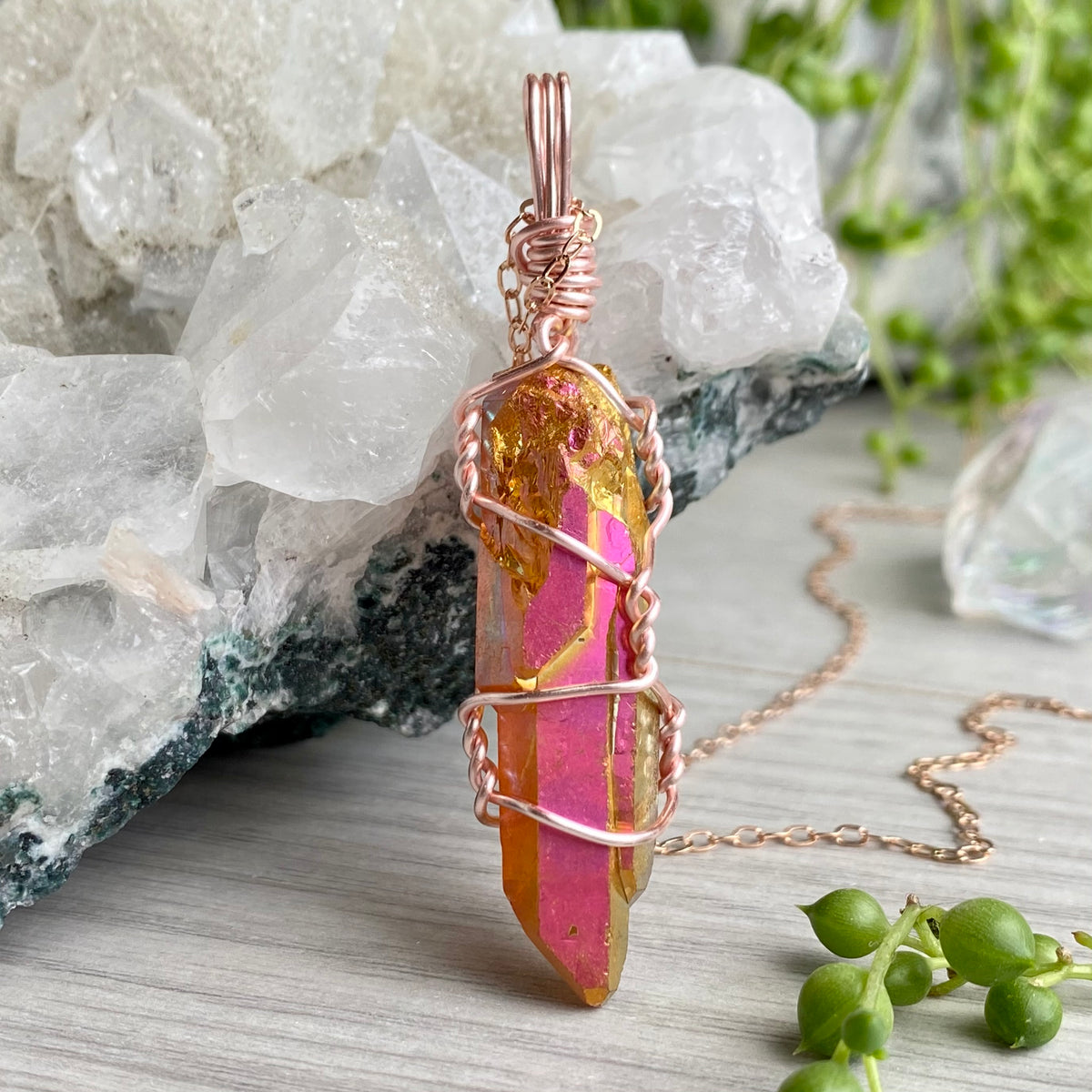 Sunset aura quartz wire wrapped crystal necklace on rose gold chain – Wholehearted Crystal Creations