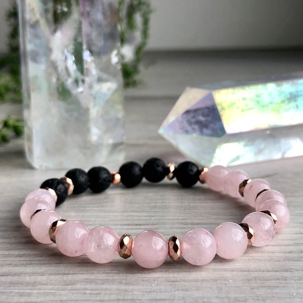 Rose Quartz and lava stone with Rose Gold Hematite Spacers Stretch Bracelet