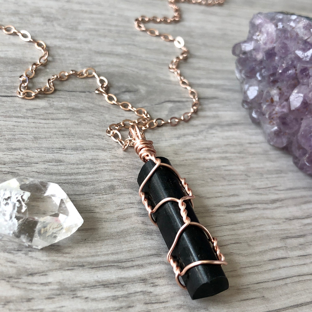 Black tourmaline wire wrapped crystal necklace on rose gold chain – Wholehearted Crystal Creations