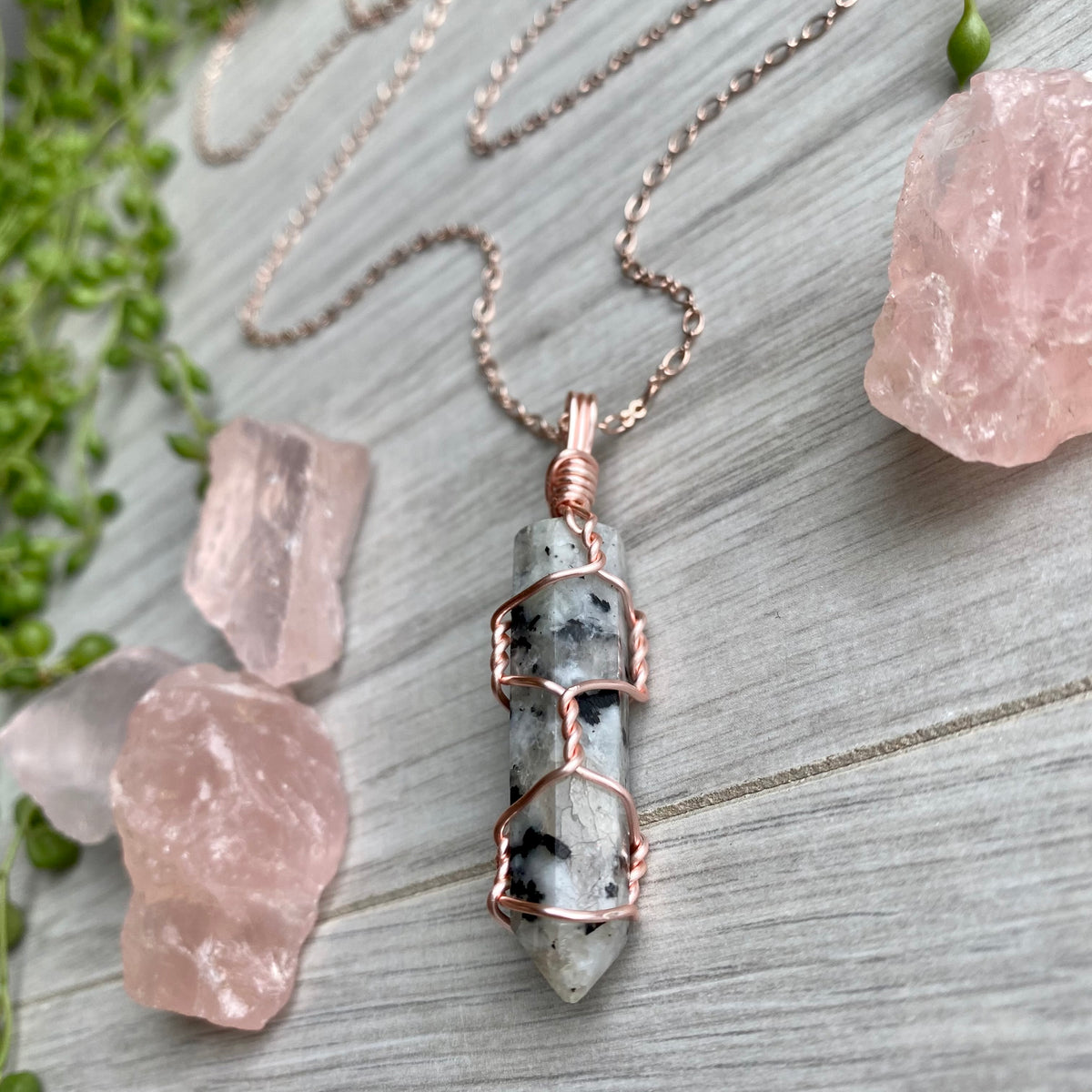 Moonstone wire wrapped crystal necklace on rose gold chain – Wholehearted Crystal Creations