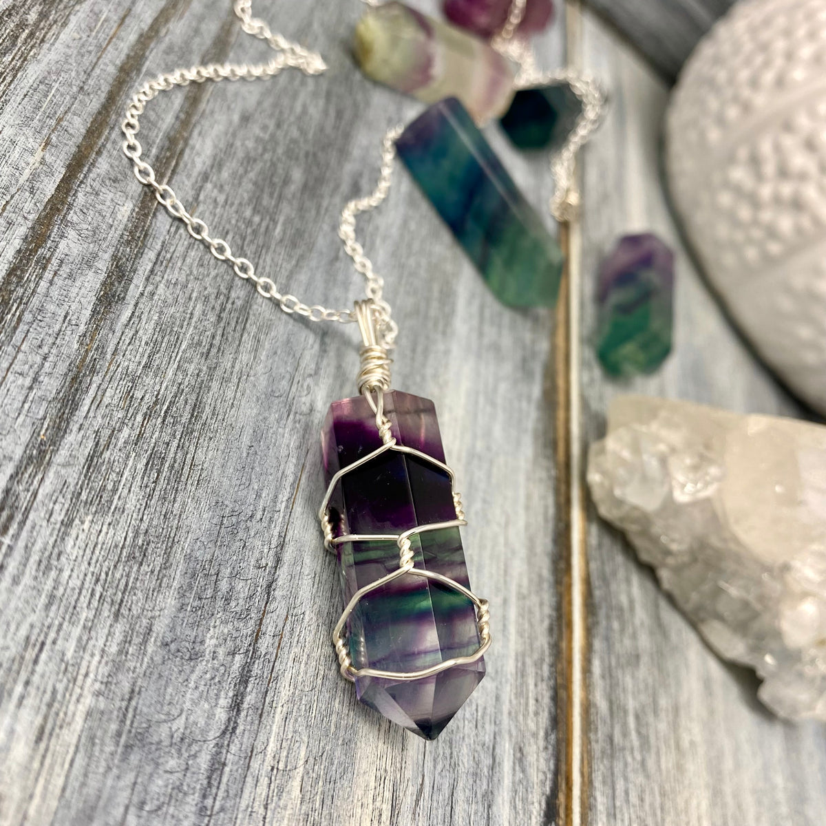 Rainbow fluorite wire wrapped crystal necklace on silver chain – Wholehearted Crystal Creations