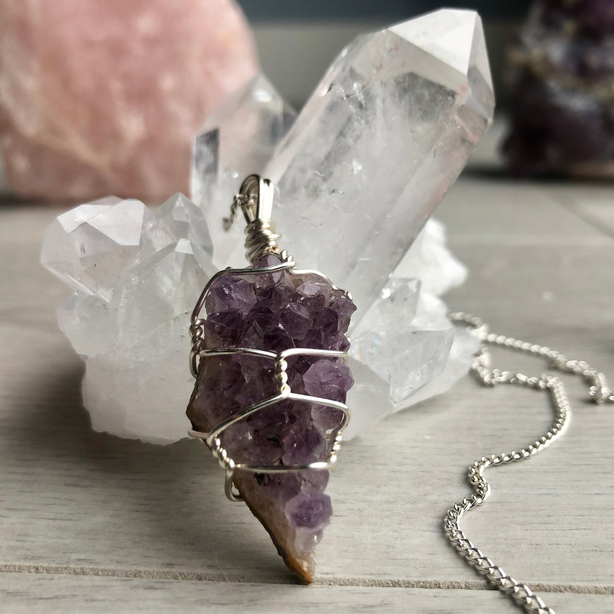 Amethyst cluster wire wrapped crystal necklace on silver chain – Wholehearted Crystal Creations