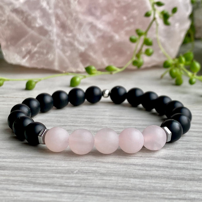 Black Onyx (matte) with Rose Quartz Beaded Stretch Bracelet