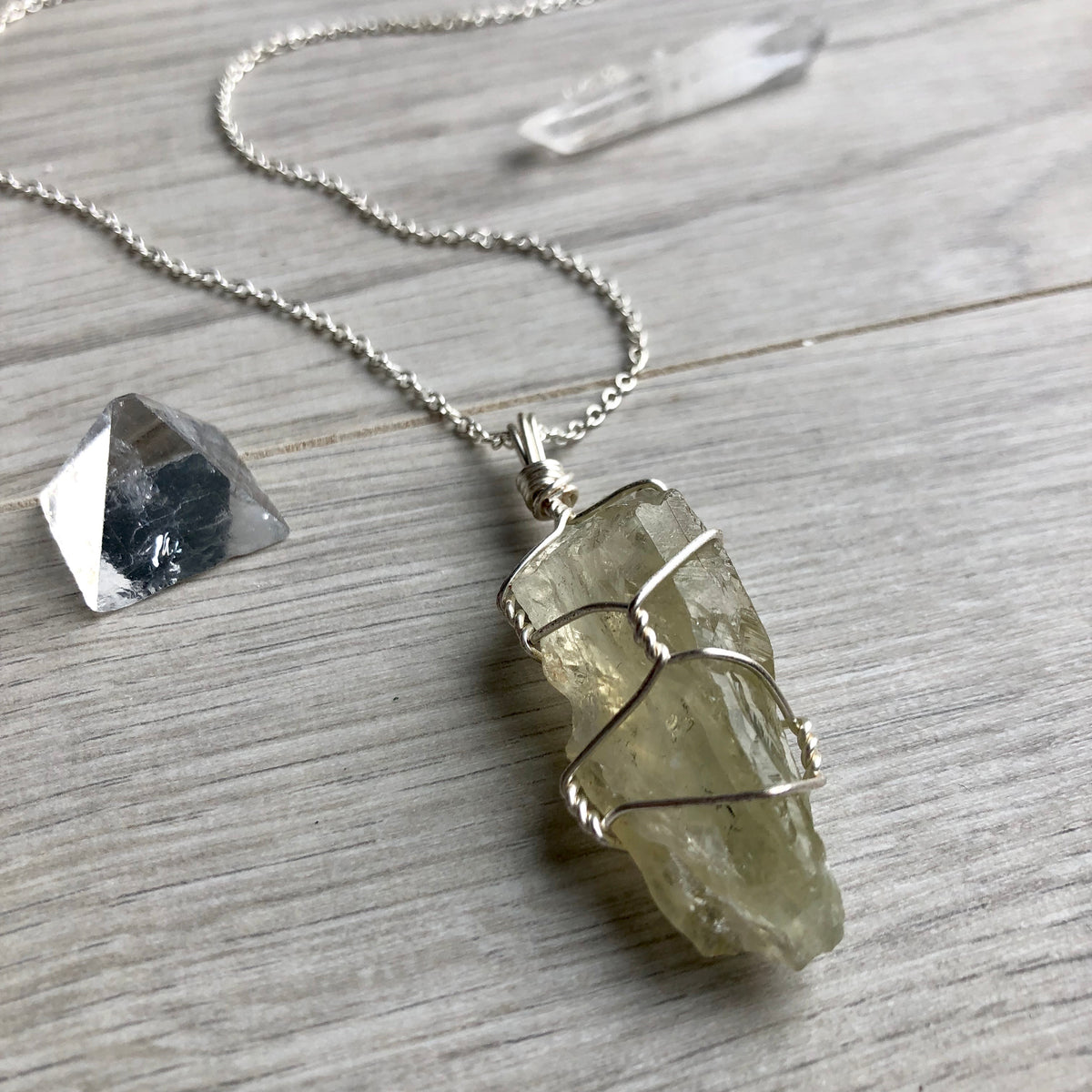 Prasiolite (green amethyst) wire wrapped crystal necklace on silver chain – Wholehearted Crystal Creations