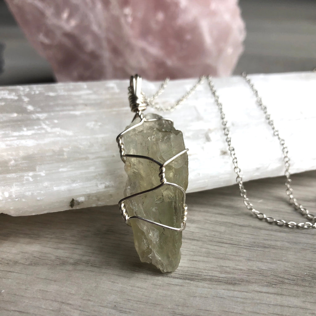 Prasiolite (green amethyst) wire wrapped crystal necklace on silver chain – Wholehearted Crystal Creations