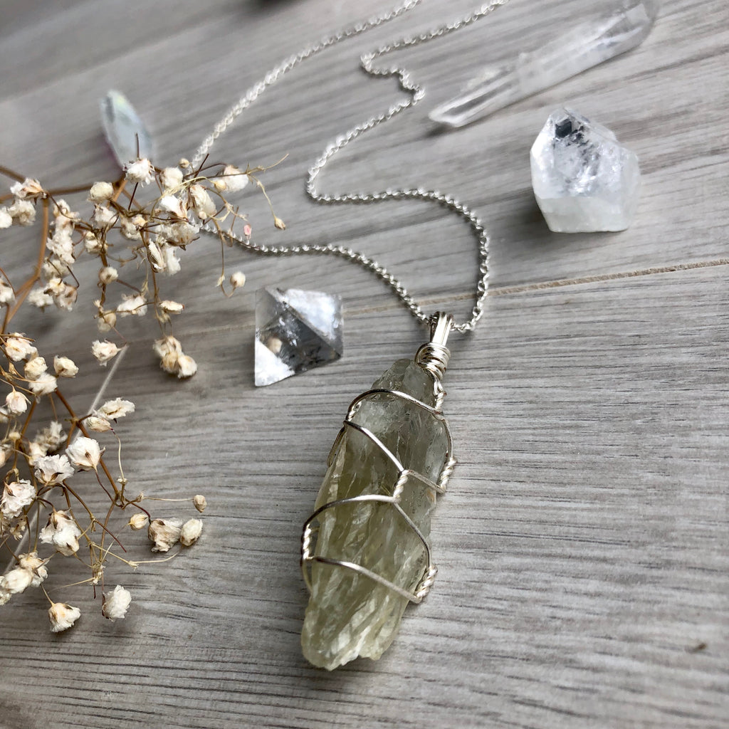 Prasiolite (green amethyst) wire wrapped crystal necklace on silver chain – Wholehearted Crystal Creations