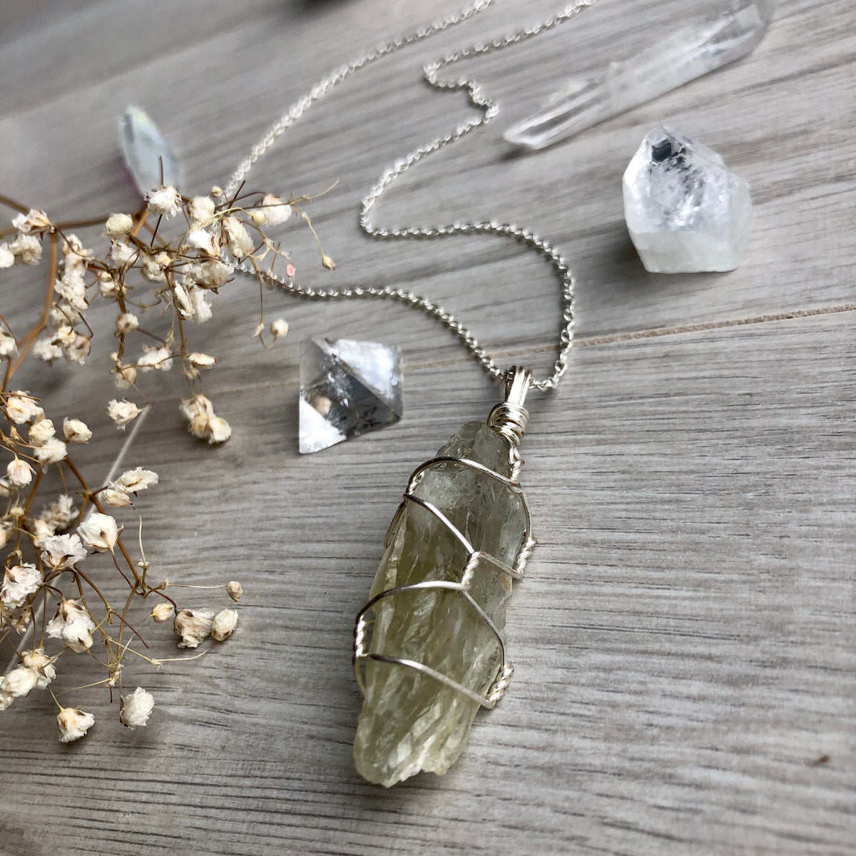 Prasiolite (green amethyst) wire wrapped crystal necklace on silver chain – Wholehearted Crystal Creations
