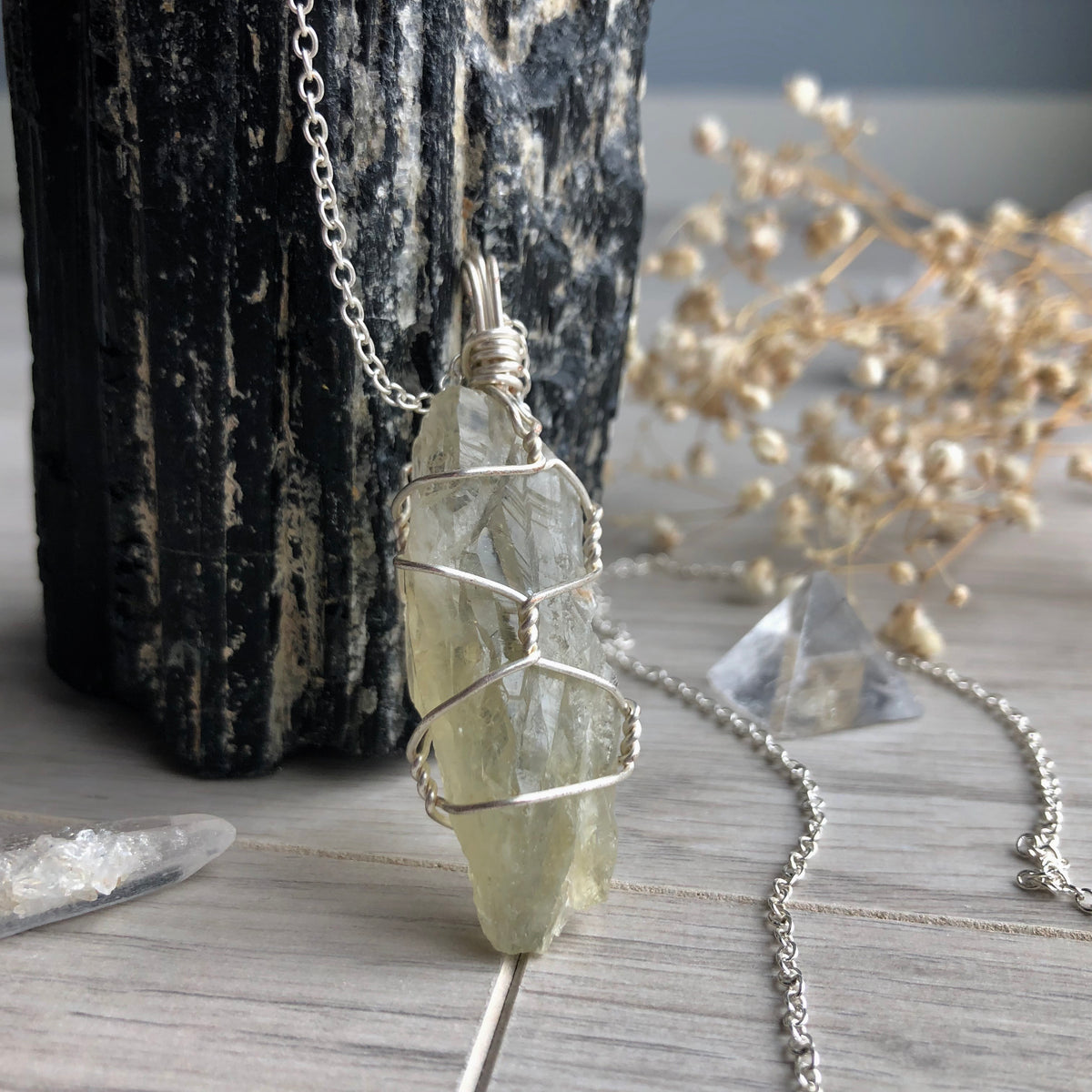 Prasiolite (green amethyst) wire wrapped crystal necklace on silver chain – Wholehearted Crystal Creations